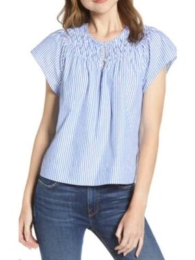 J. Crew Blue and White Striped Smocked Yoke Blouse
